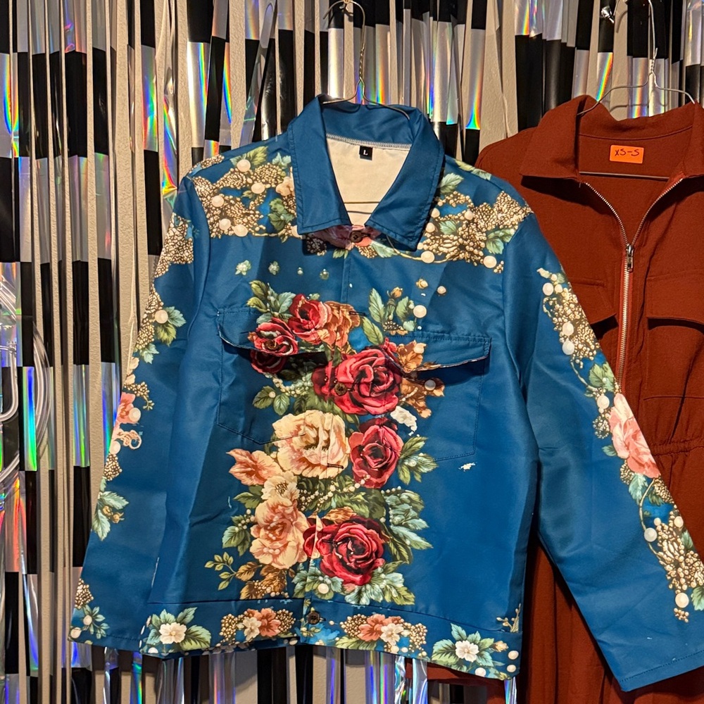 Teal Floral Satin Jacket - Women's Decorative Coat
